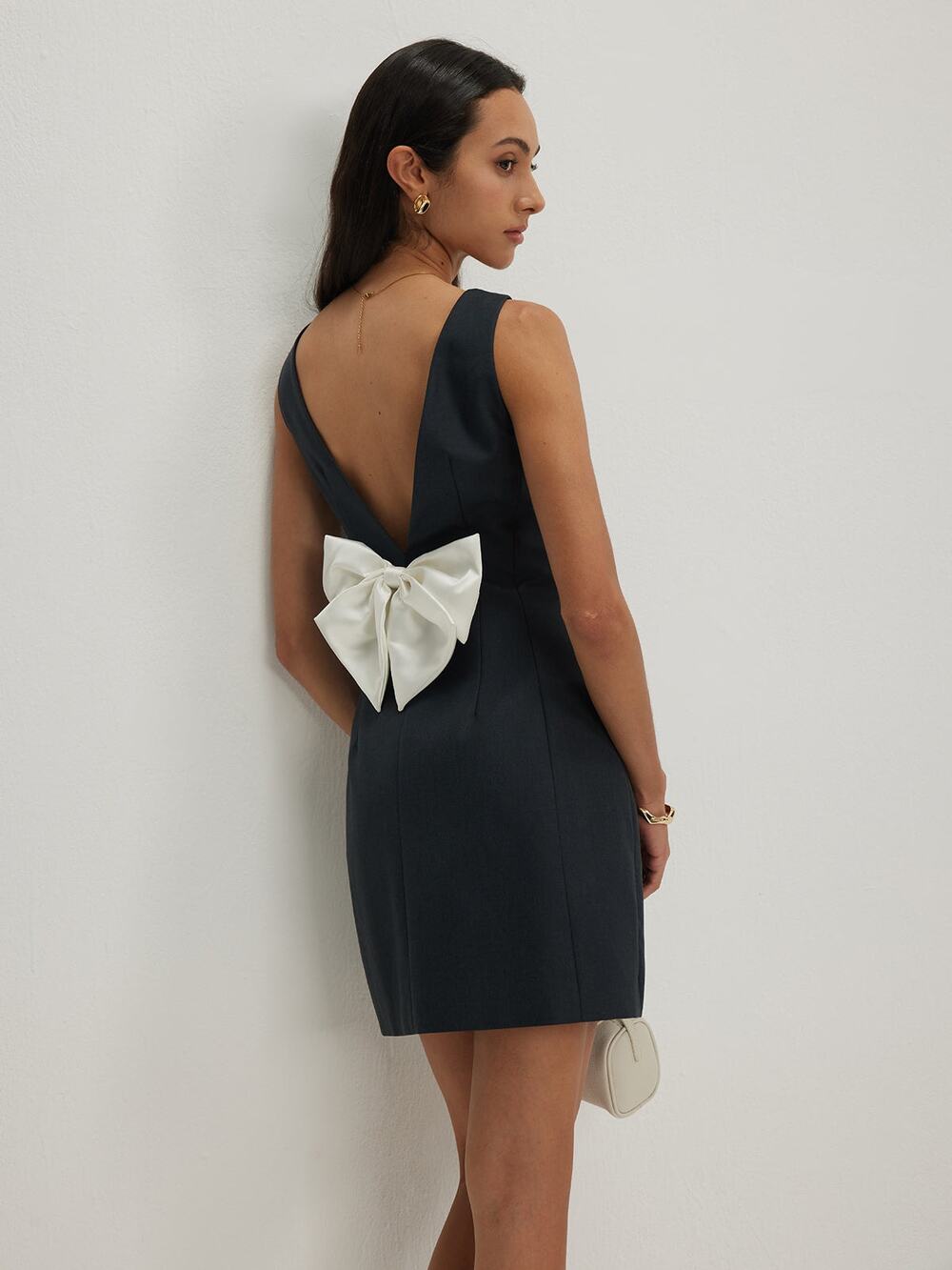 Commense Preppy Bow Backless Tank Charcoal Gray Minimalist Dress NWT Large